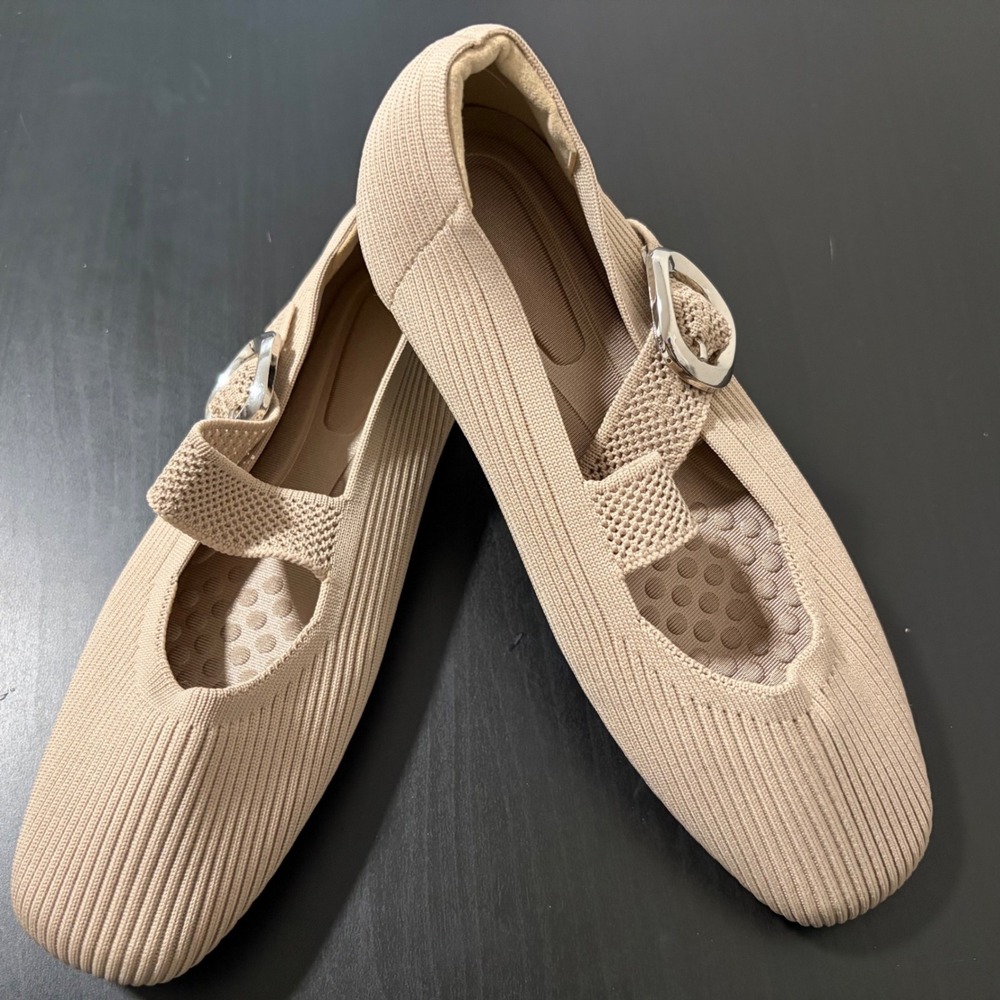 Beige Knit Mary Jane Flats Square Toe Buckle Strap Shoes Womens Size 36